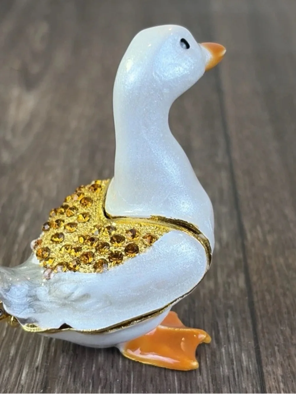 Enamel & Rhinestone Hinged White & Orange Duck Jewelry Pill Trinket Box Jeweled